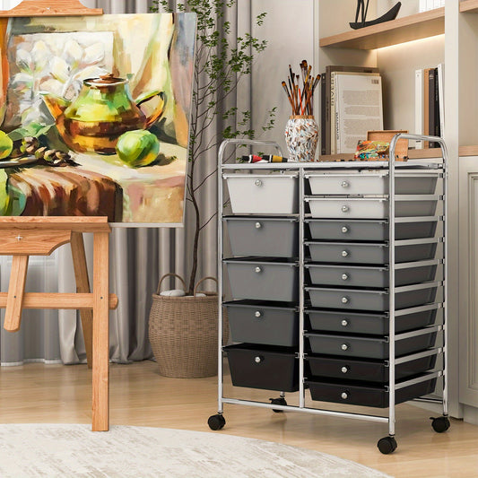 COSTWAY 15-Drawer Rolling Storage Cart with Lockable Casters & Removable Drawers - Heavy-Duty Plastic & Metal Frame, Large Capacity Mobile Utility Cart with 15-Tier Organizer for Home Office, Craft Room, Workshop - Sturdy 4-W