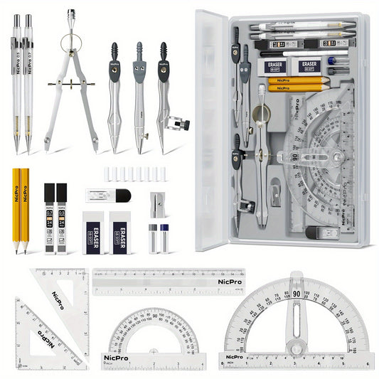 [Geometry Tools Set] 21pcs Geometry Tools Set with Case | Drafting Tools, Swing Arm Protractor, Rulers, Metal Compass, Divider, Square Set, Pencil - Drawing Supplies for Student Back to School Math