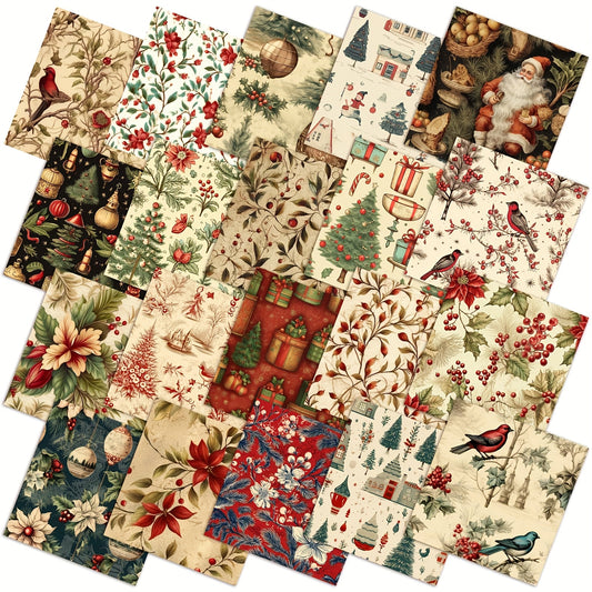 [60pcs Christmas Fabric Squares] 60pcs Vintage Christmas Fabric Squares & Precut Strips Bundle - 10x10 Inch Rustic Holiday Quilting Fabric with Santa, Cardinals, Poinsettias, Holly, Snowmen & Festive Patterns - Soft Warm-Tone