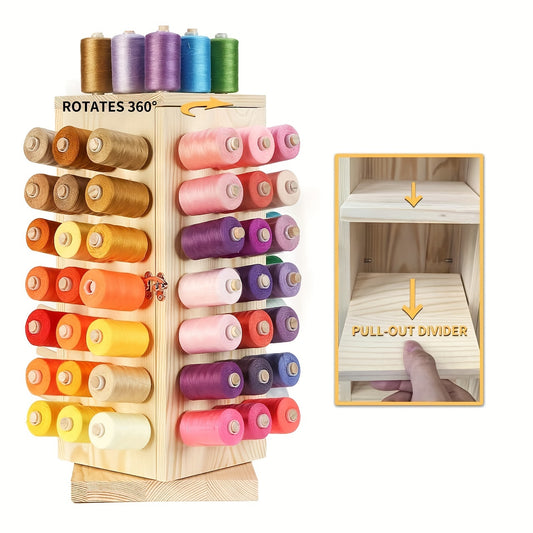 93 Spool 360° Fully Rotating Wooden Thread Rack Stand with Pull-out Divider for Sewing, Quilting, Embroidery, Hair-braiding, and Jewelry Thread Storage Organizer