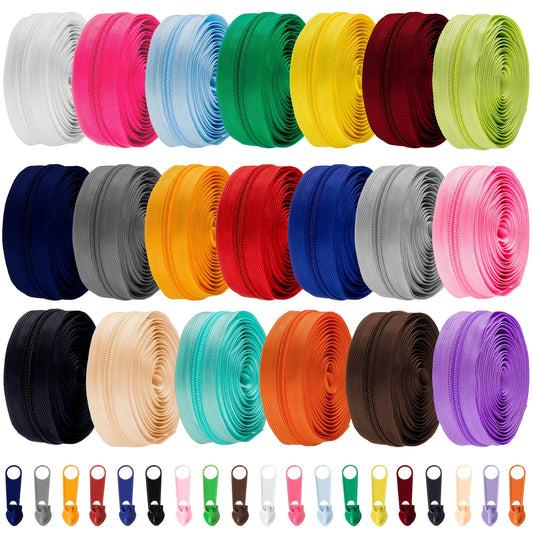 [Nylon Coil Zippers | Assorted] 20pcs #5 Nylon Coil Zippers | 60 Yards Assorted Zipper For Sewing | With 200 Zipper Sliders For DIY Tailor Sewing Crafts Supplies (20 Color)