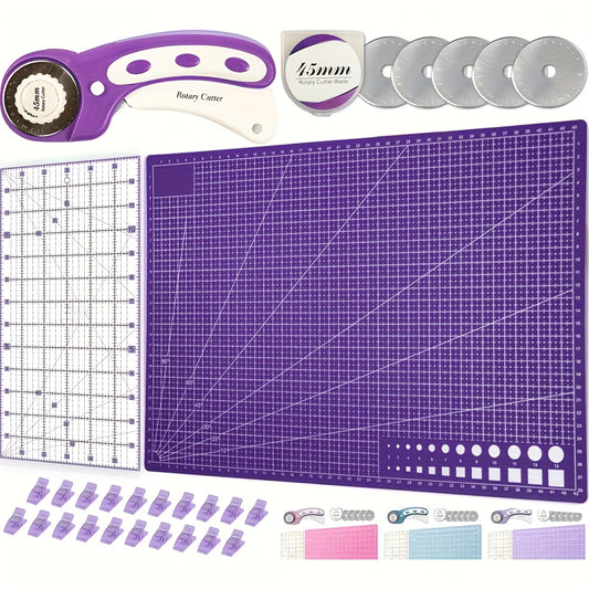 [Pink Rotary Cutter] Pink 45mm Rotary Cutter Set | Quilting Kit Incl. 5 Replacement Blades, A3 Cutting Mat, Acrylic Ruler And Craft Clips - Ideal For Crafting, Sewing, Patchworking, Crochet & Knitting