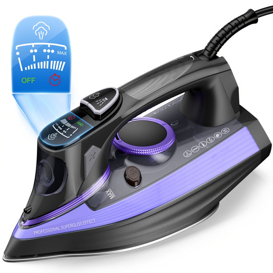 1700W Professional Steam Iron with Rapid Heating Ceramic Soleplate, Precise Thermostat Dial, Self-Cleaning & Auto-Off Safety, 15.21oz Large Water Tank, Digital Display & Ergonomic Handle - Purple for Home & Professional Use,