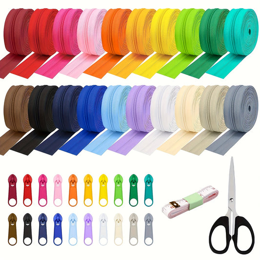 60 Yards 20pcs Colors Sewing Zippers Bulk #5 Nylon Coil Zippers, with 200pcs Pull Heads, for DIY Sewing Crafts Zipper Tape for Clothes, Bag, Purse Making Supplies Kit
