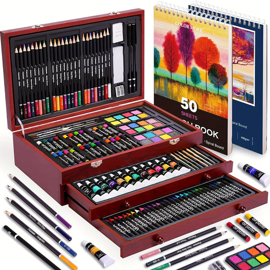 175pcs Deluxe Art Set with 2 Drawing Pads, Crayons, Acrylic Paints, Colored Pencils Set In Wooden Case, Professional Art Kit, Paint Supplies, Gift, Christmas & Halloween, Back to School, Art Kit, Art Tools, Creative Projects,