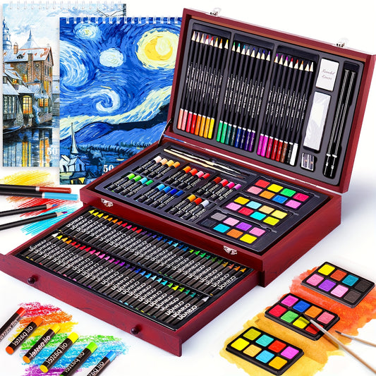 145 Pieces Deluxe Art Set Wood Box Drawing And Painting Kit